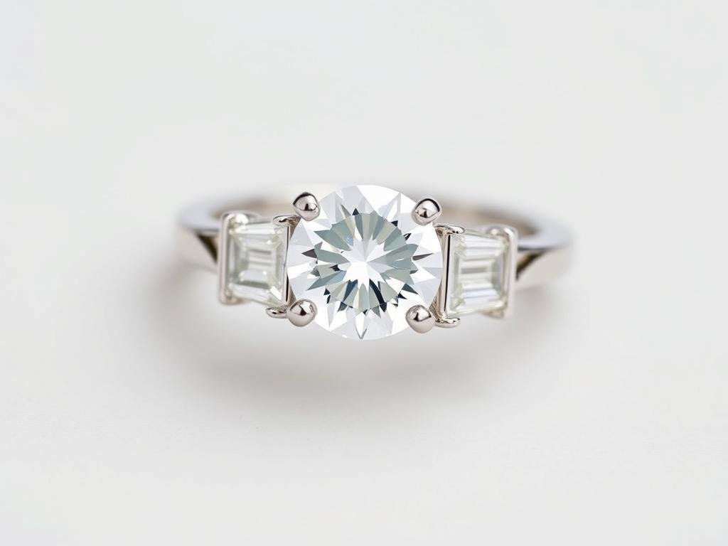 Three-stone engagement ring with round center diamond and tapered baguette side stones
