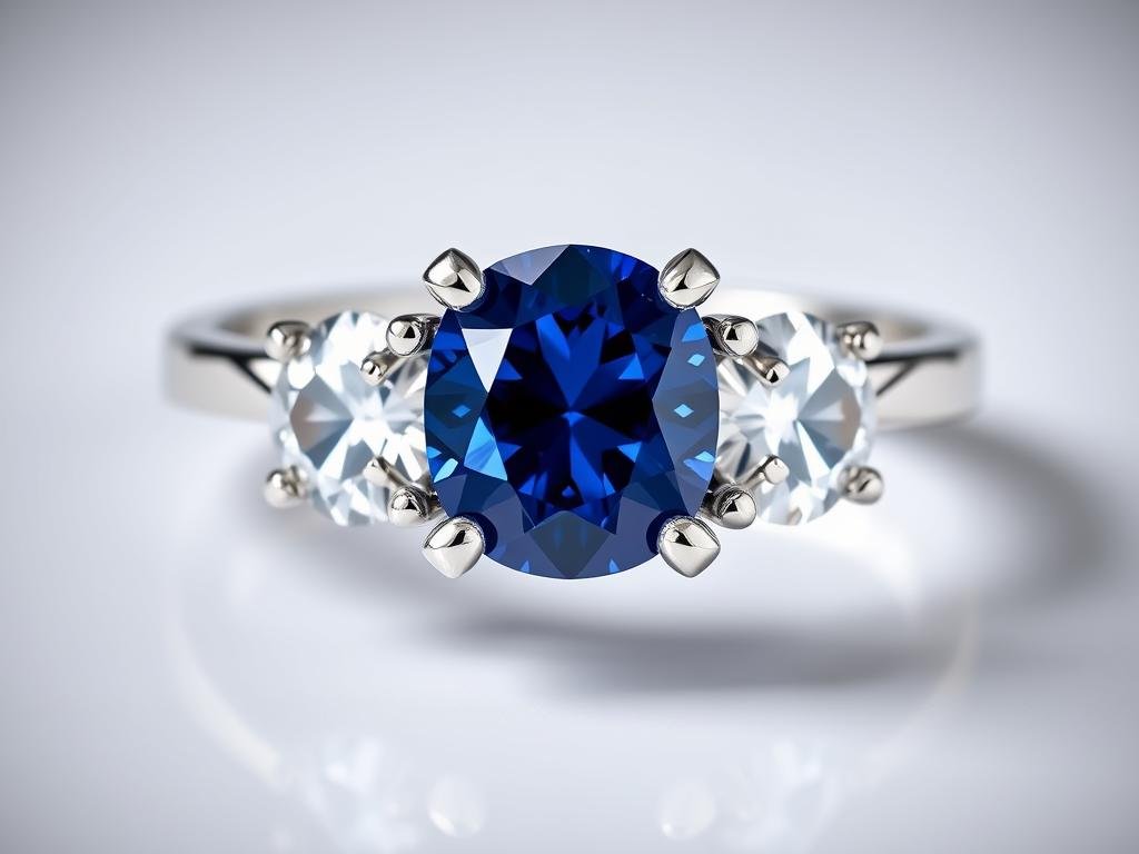 Three stone engagement ring with sapphire center and diamond side stones