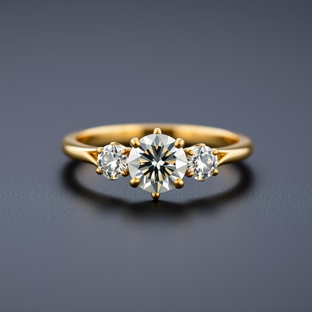 Three-stone gold engagement ring with diamonds representing past, present and future