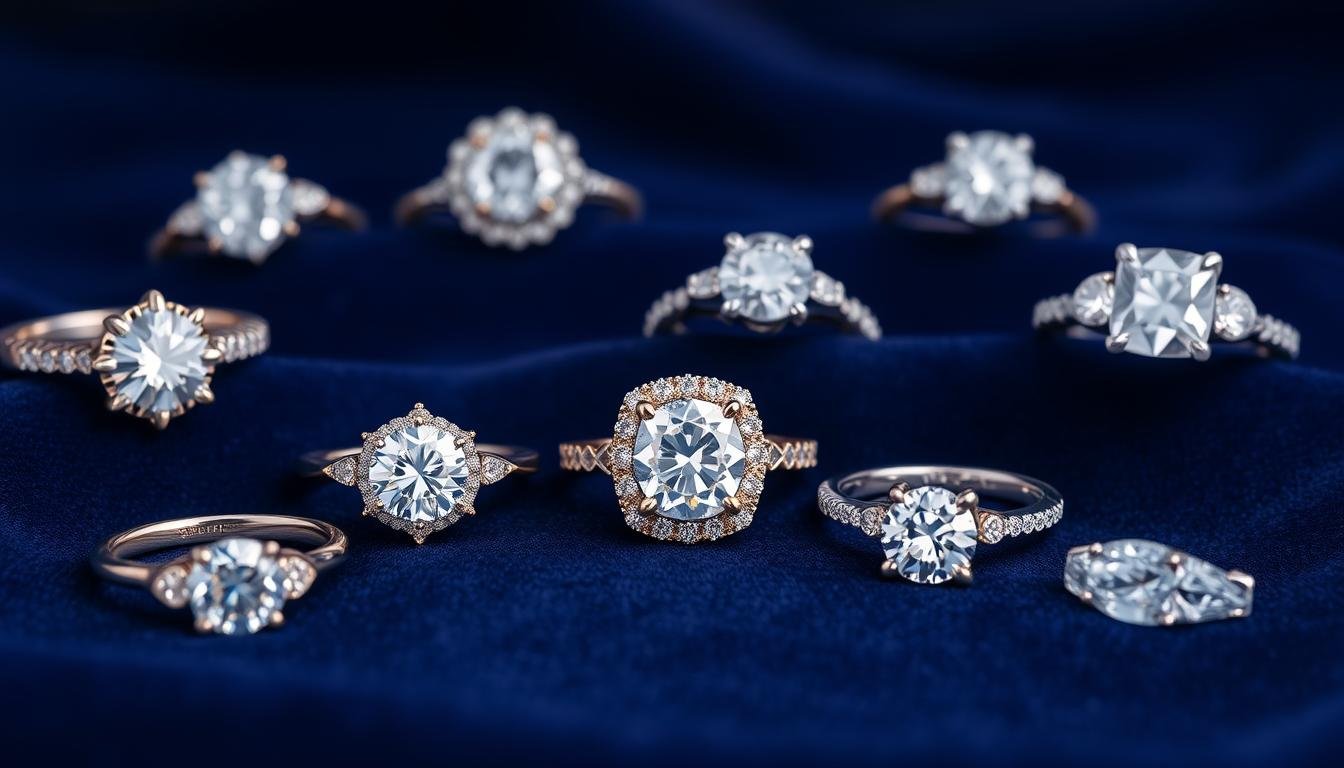 Various engagement rings displayed on a velvet background showing different styles and diamond cuts