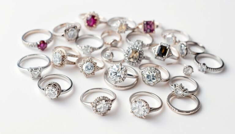 Various silver engagement rings displayed on a white background showing different styles and stone settings