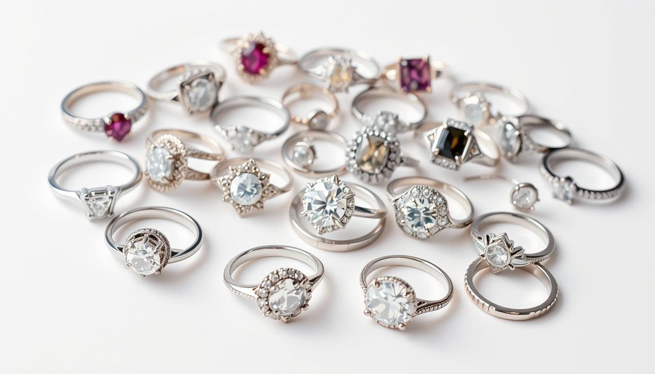 Various silver engagement rings displayed on a white background showing different styles and stone settings