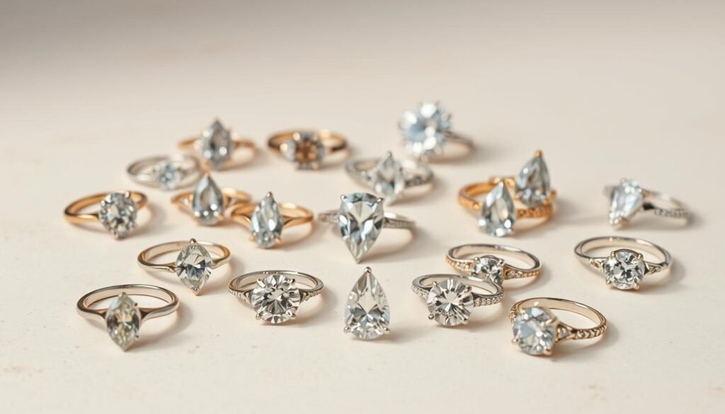 Various styles of pear shaped engagement rings