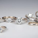 Various white gold engagement rings with different diamond cuts and settings