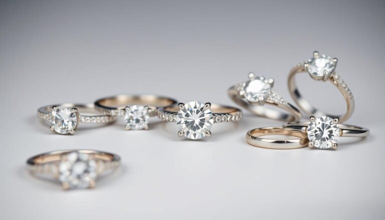Various white gold engagement rings with different diamond cuts and settings
