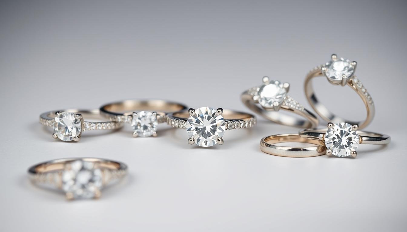 Various white gold engagement rings with different diamond cuts and settings