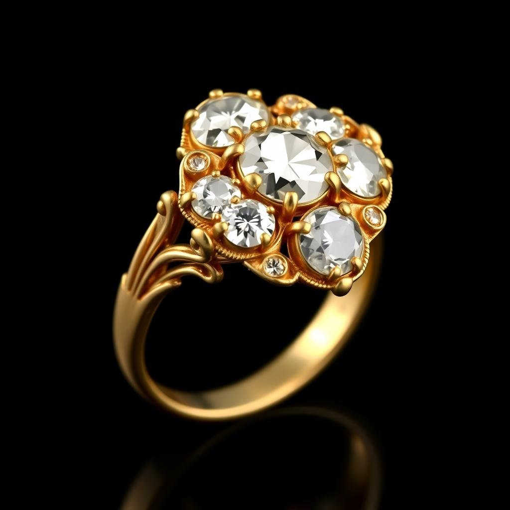 Victorian era antique engagement ring with rose-cut diamonds and gold filigree