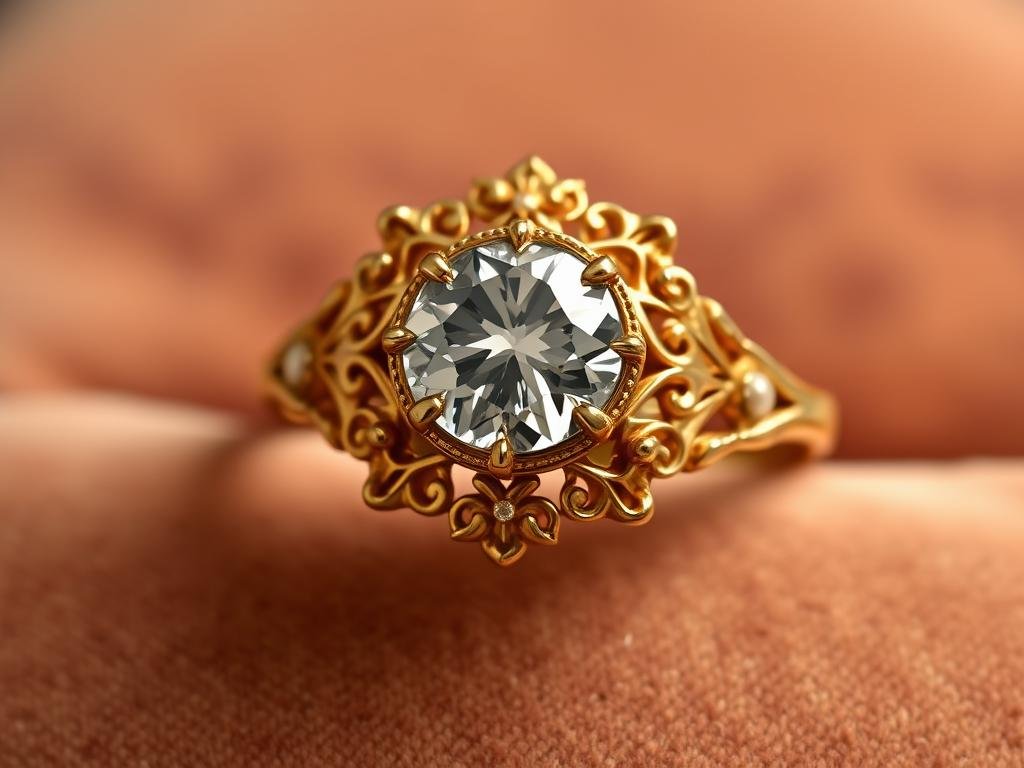 Victorian style engagement ring with rose-cut diamond and ornate gold setting