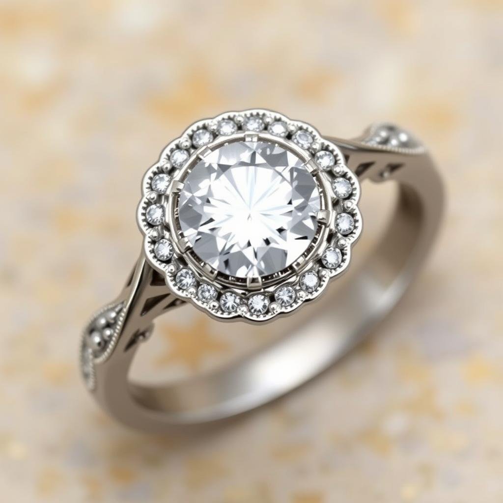 Vintage halo engagement ring with milgrain detailing surrounding a center diamond