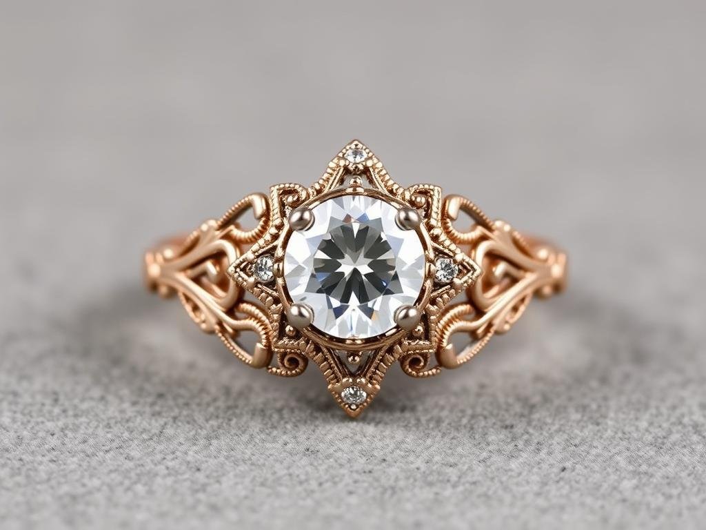 Vintage-inspired engagement ring with intricate metalwork and diamond details