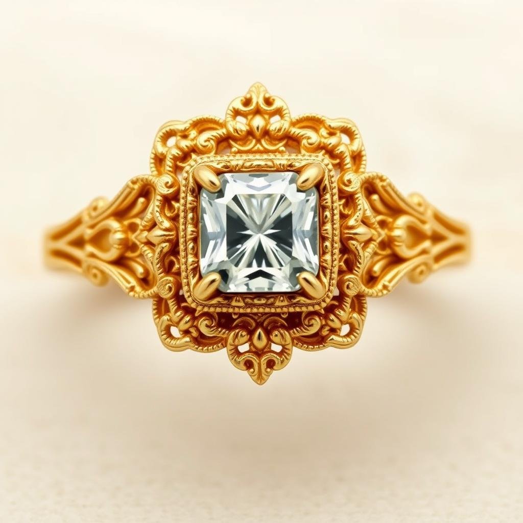 Vintage-inspired gold engagement ring with intricate detailing and milgrain