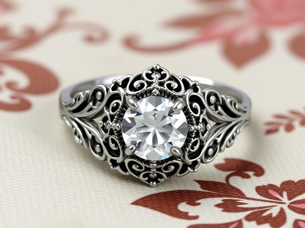 Vintage-inspired silver engagement ring with filigree details