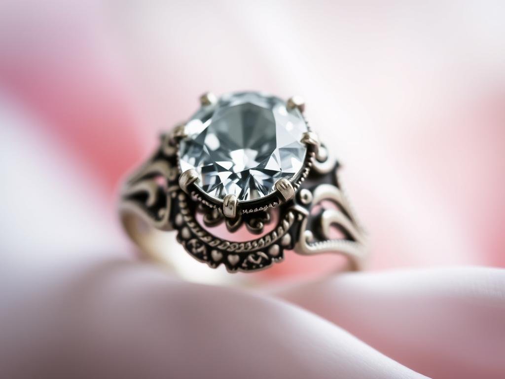 Vintage-inspired silver engagement ring with intricate filigree work
