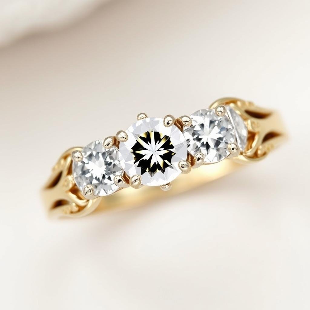 Vintage trilogy engagement ring with three diamonds and filigree detailing