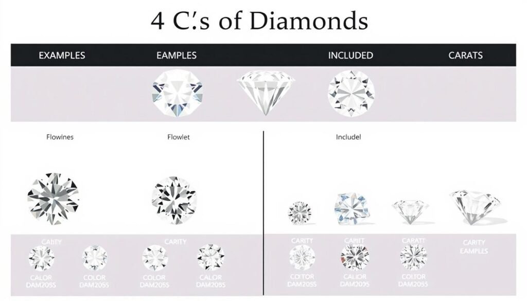 Visual representation of the 4 Cs of diamonds showing cut, color, clarity and carat