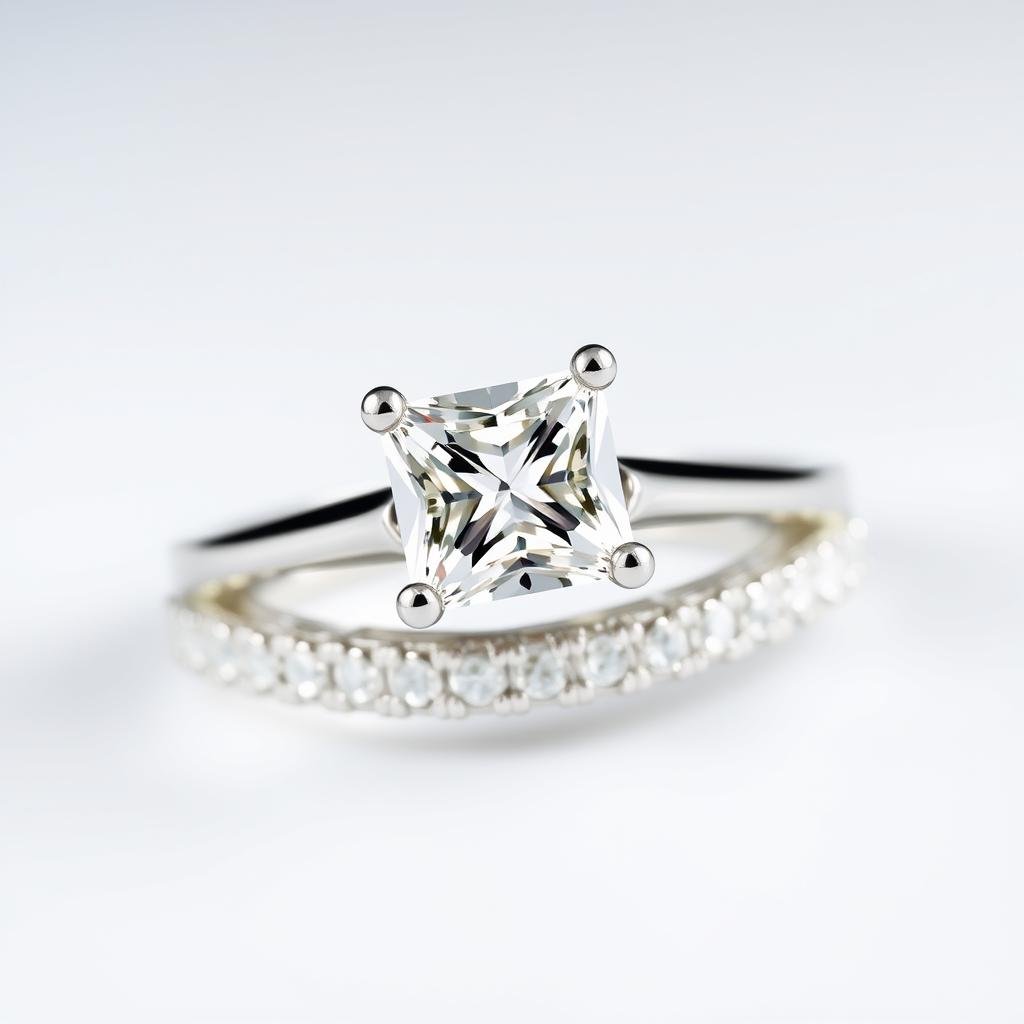 White gold engagement ring with princess cut diamond and pavé band
