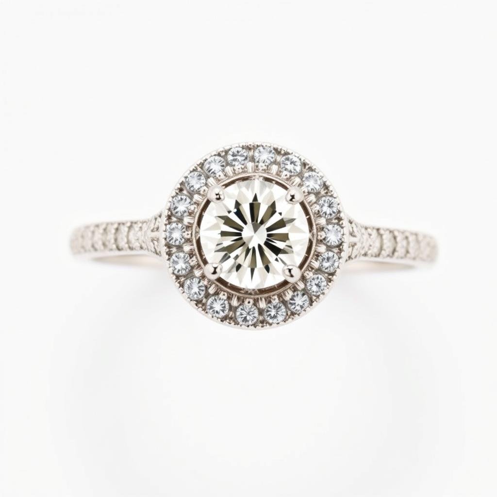White gold halo engagement ring with diamonds surrounding center stone
