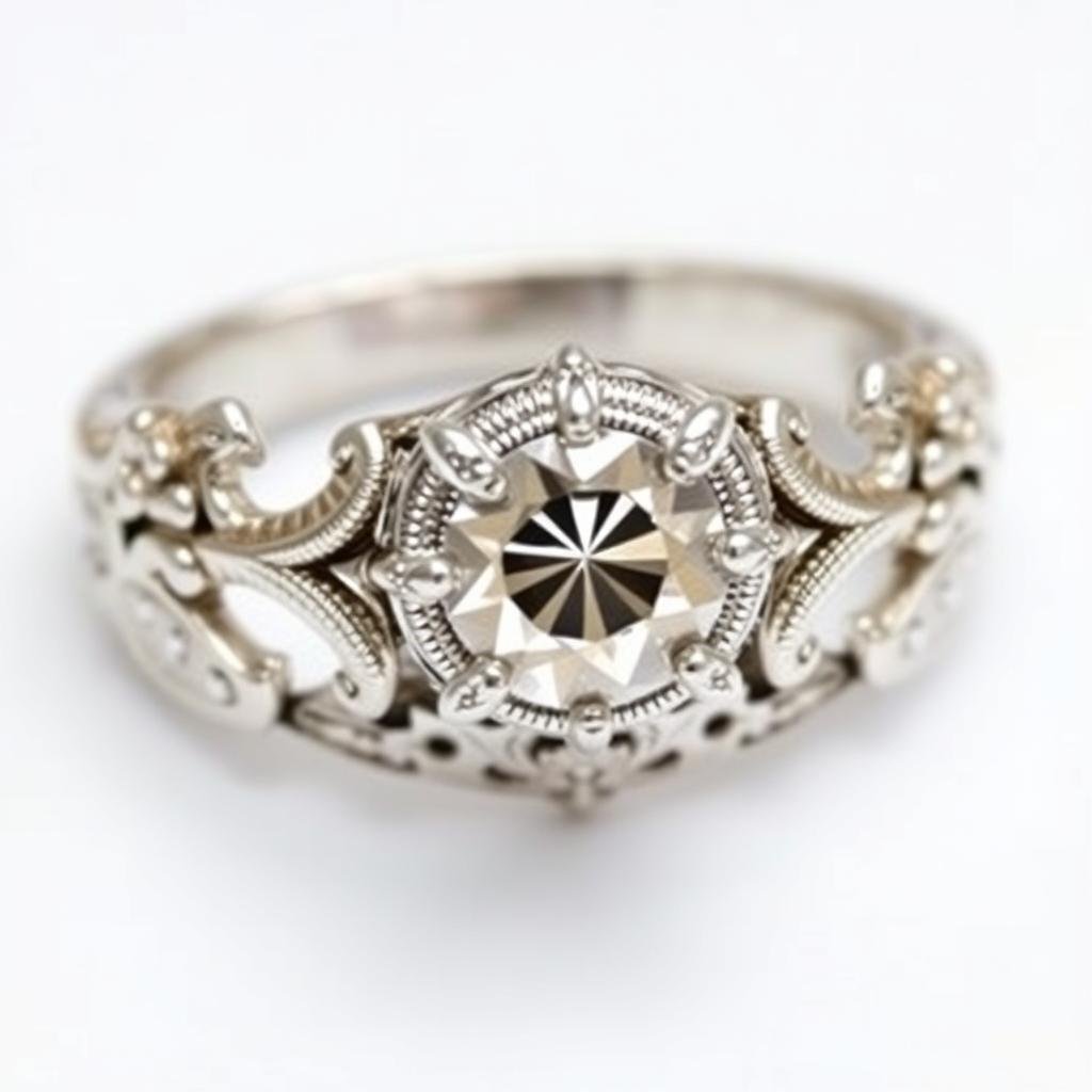 White gold vintage-style engagement ring with intricate details