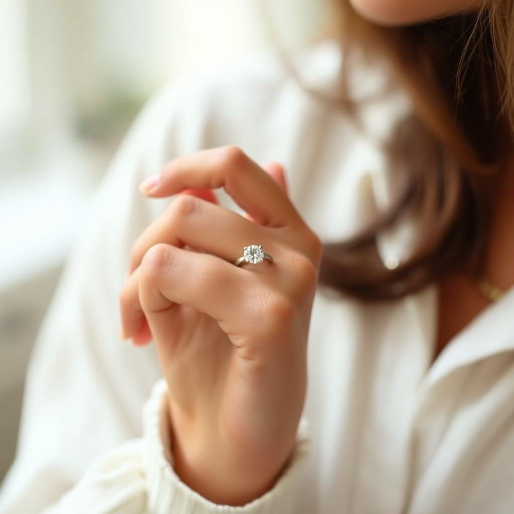 Woman wearing a simple engagement ring with her hand resting on a surface