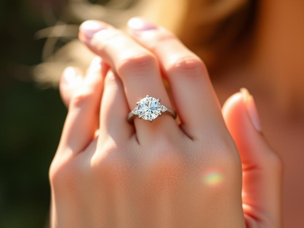 Woman wearing silver engagement ring showing its brilliance