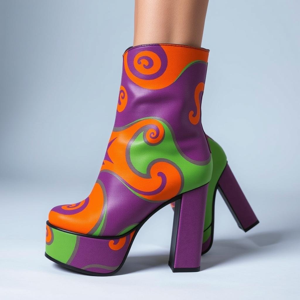 70s-inspired platform boots with psychedelic patterns and chunky heels
