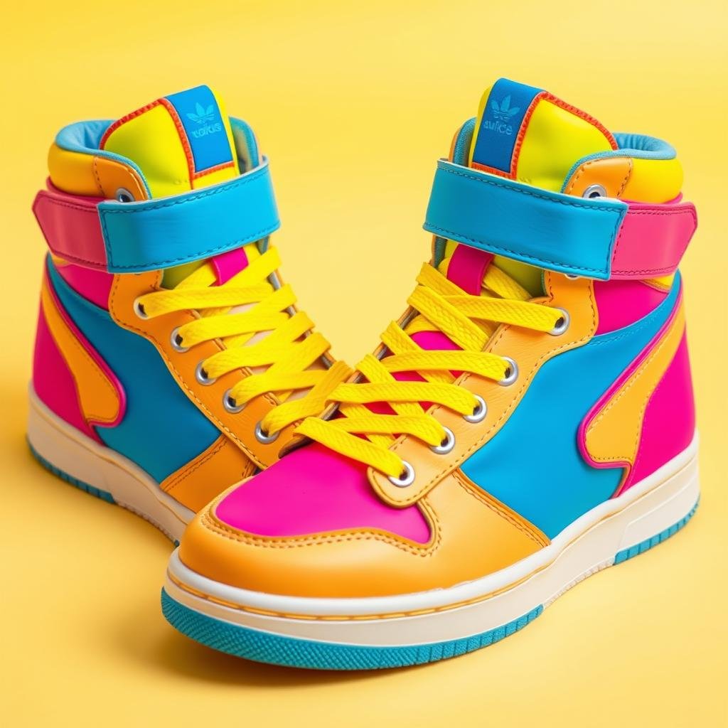 80s-style high top sneakers with neon colors and geometric patterns
