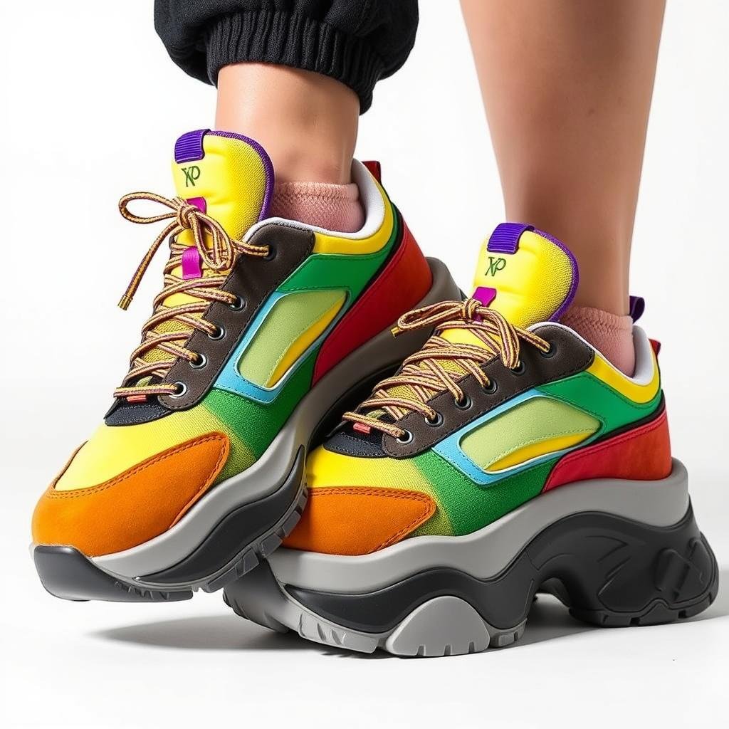 90s-inspired chunky sneakers with bold color blocking and exaggerated soles