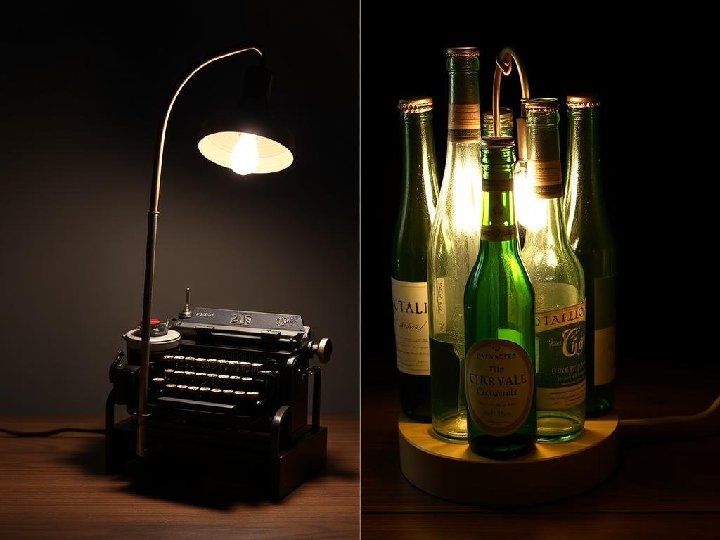 A DIY table lamp made from repurposed vintage objects