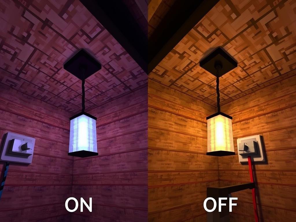 A Minecraft room with redstone lamps connected to levers and buttons for interactive lighting