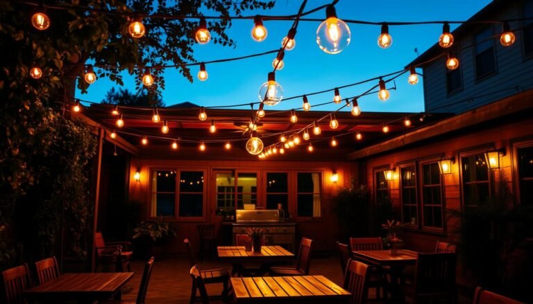 A beautifully lit patio at dusk with string lights creating a warm ambiance over a dining area
