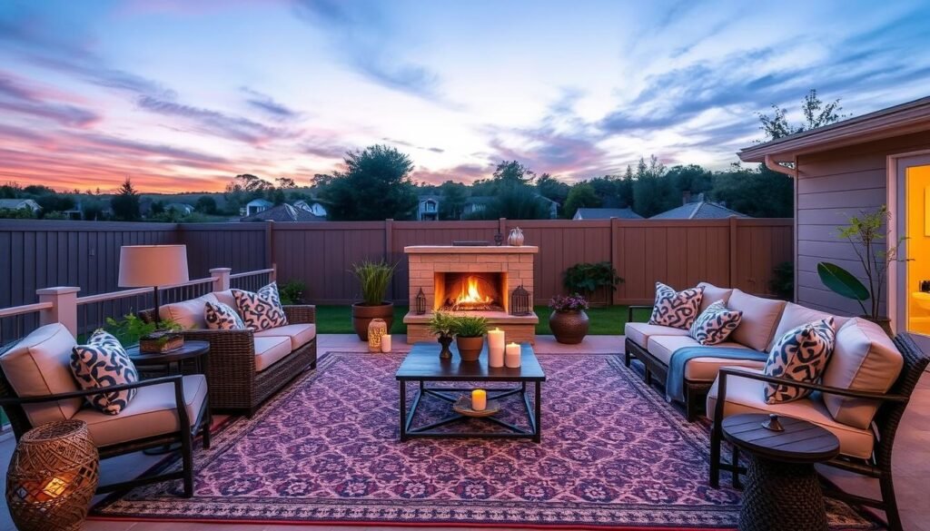 A beautifully styled outdoor living space with a large outdoor rug as the focal point