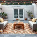 A beautifully styled patio with an outdoor rug anchoring a seating area