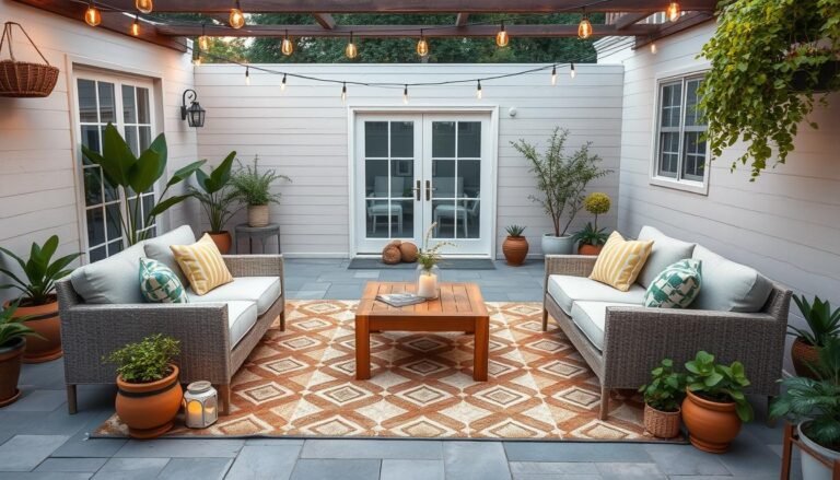 A beautifully styled patio with an outdoor rug anchoring a seating area