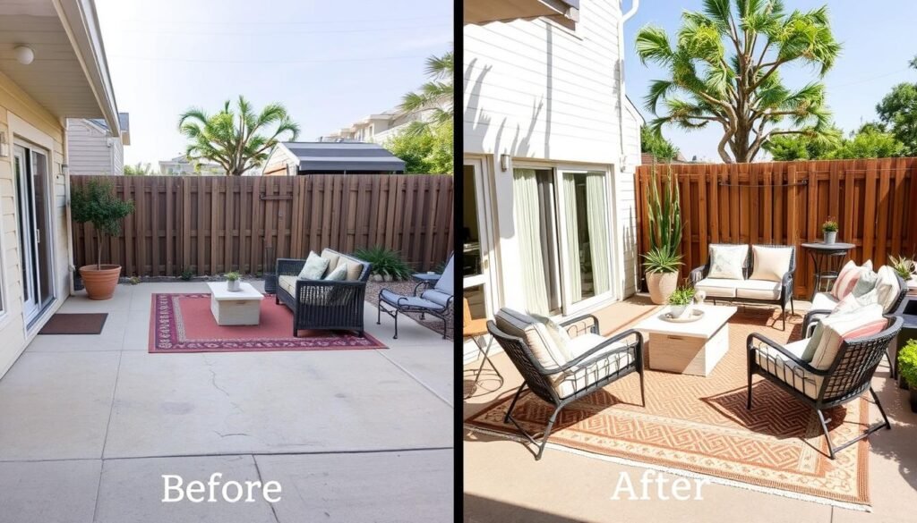 A before and after transformation of a patio space with the addition of an outdoor rug