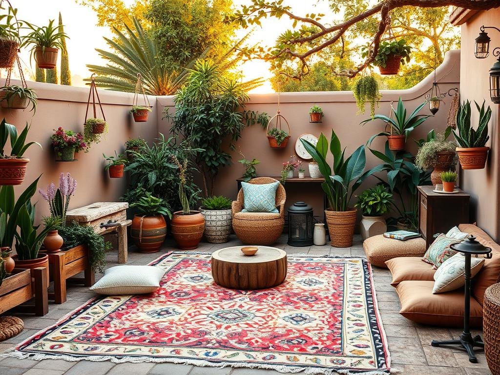 A bohemian garden space with a colorful outdoor rug, floor cushions, and hanging plants