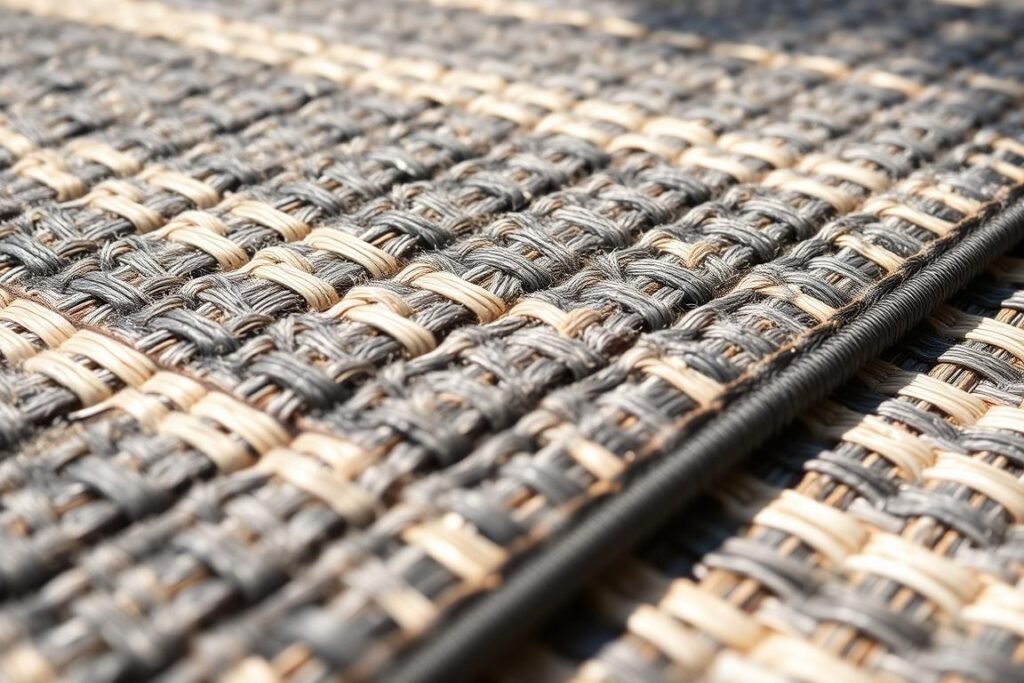 A close-up of an outdoor rug texture showing weather-resistant material