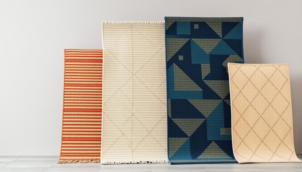 A collection of outdoor rugs in various colors and patterns displayed together