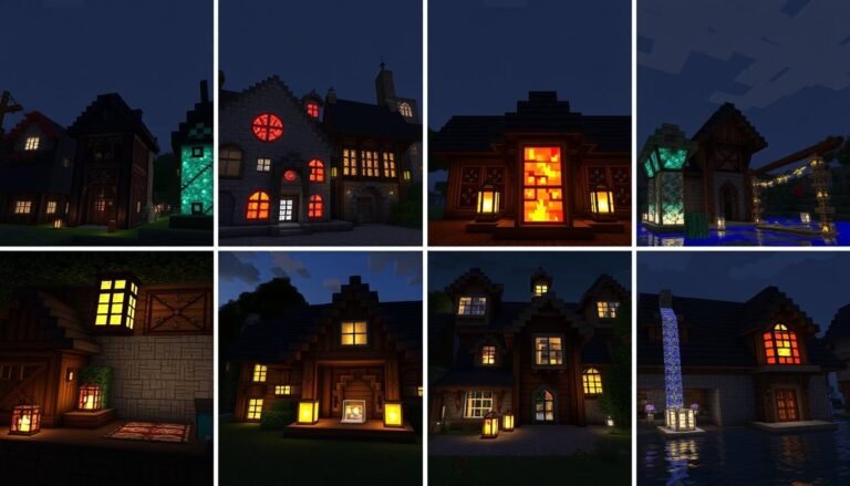A collection of various Minecraft lighting designs showcasing different styles and techniques