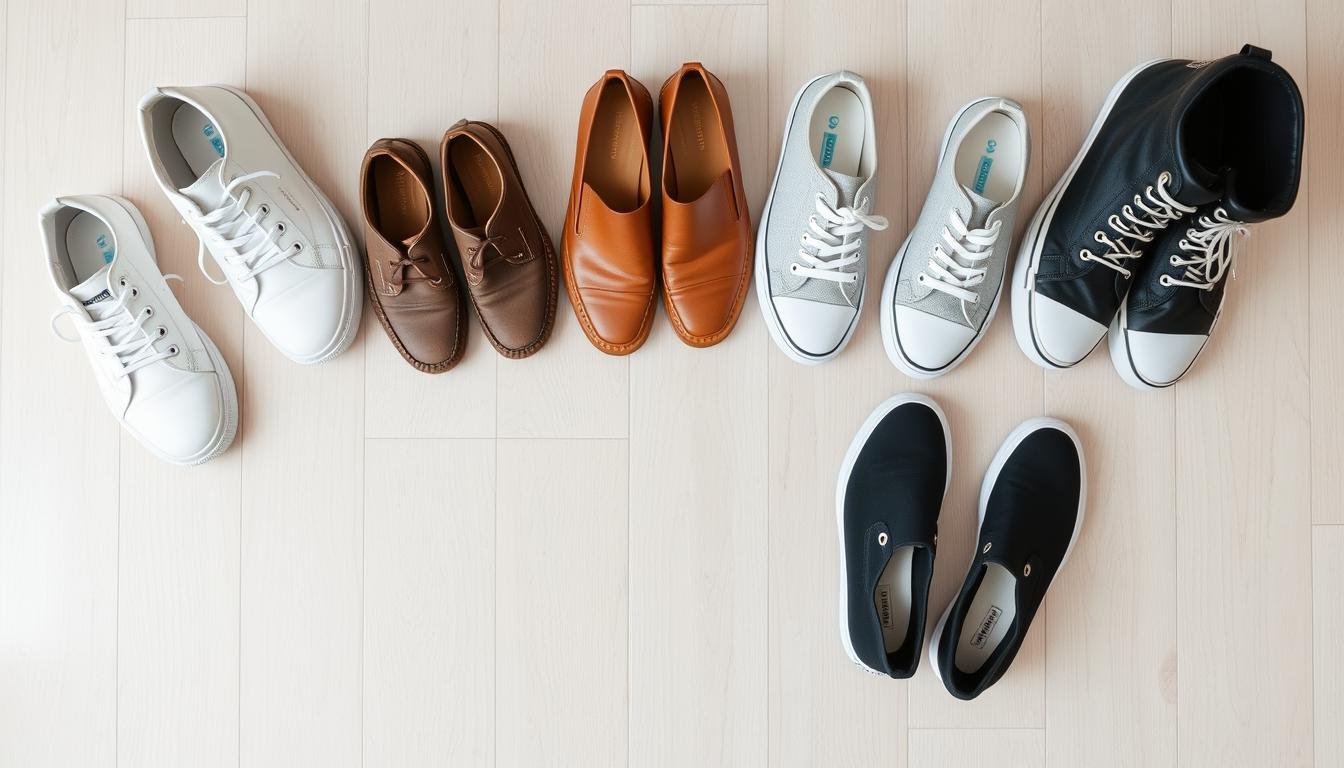 A collection of versatile everyday shoes including sneakers, loafers, and ankle boots arranged on a wooden floor