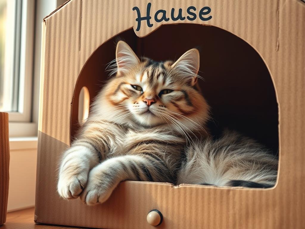 A content cat relaxing in a finished decorated cardboard cat house