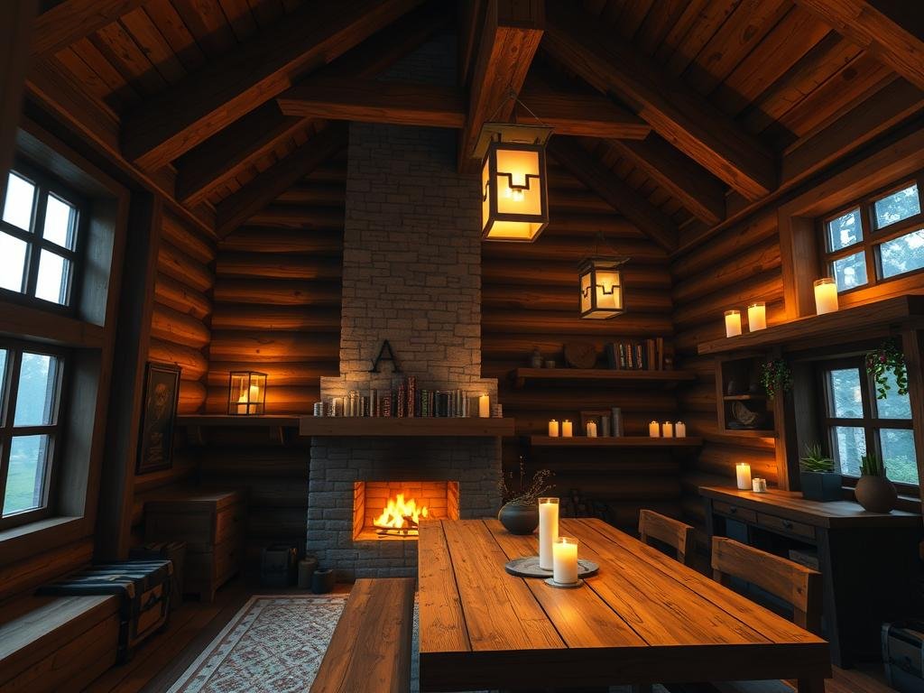 A cozy Minecraft cabin interior with rustic lighting elements including lanterns and a fireplace