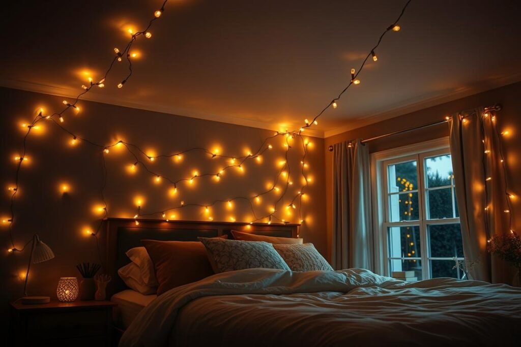 A cozy bedroom with string lights draped across the headboard and ceiling