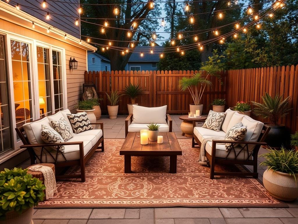 A cozy patio with a large outdoor rug, comfortable seating, and soft lighting