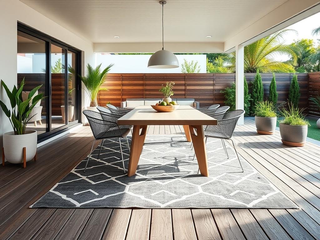 A modern outdoor dining area with a geometric outdoor rug under the table