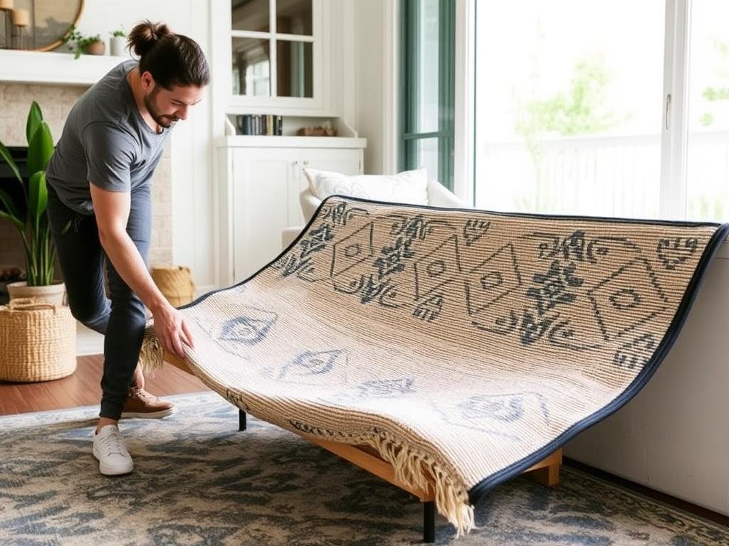 A person selecting an outdoor rug, comparing different patterns and materials
