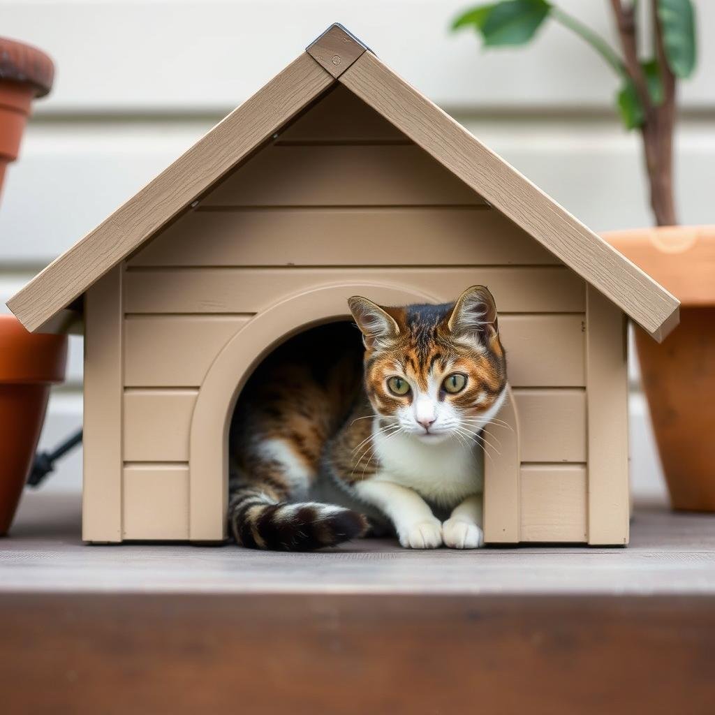 A single cat using a compact outdoor cat house