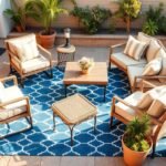 A stylish outdoor patio with a blue geometric outdoor rug under a seating arrangement