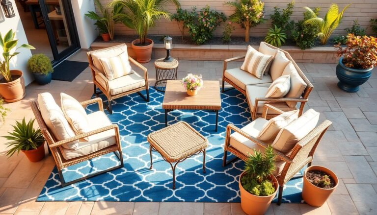 A stylish outdoor patio with a blue geometric outdoor rug under a seating arrangement