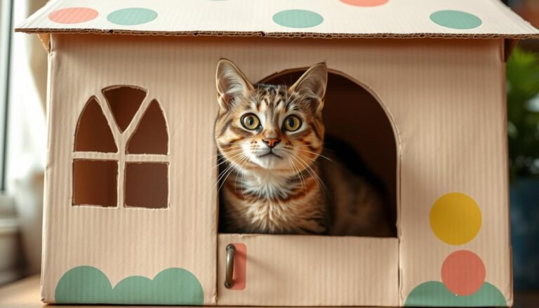 A tabby cat peeking out from a decorated cardboard cat house with windows and a door