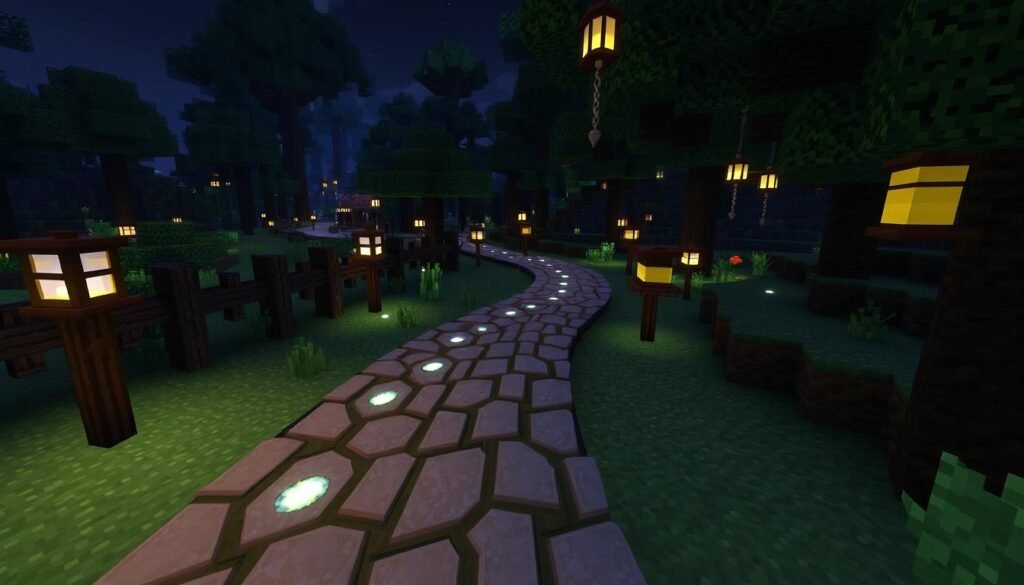 A winding Minecraft path illuminated with various lighting elements